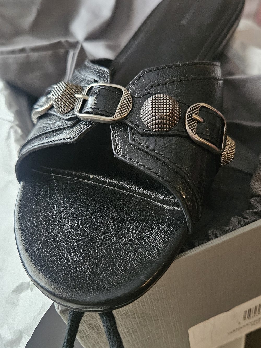Balenciaga Cagole 38 Black Leather Slide Sandal with Decorative Silver Buckles